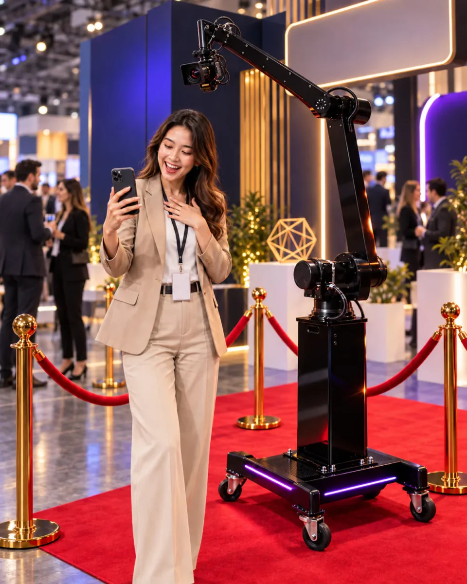Exhibition visitor viewing a Glambot video on a phone