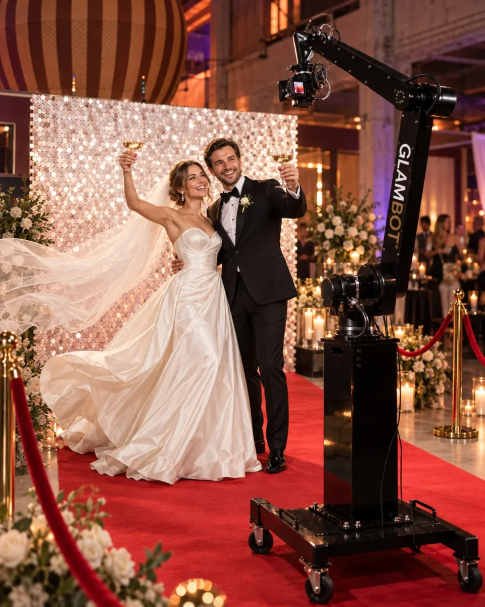 Naks Glambot filming newlyweds with a moving bridal veil