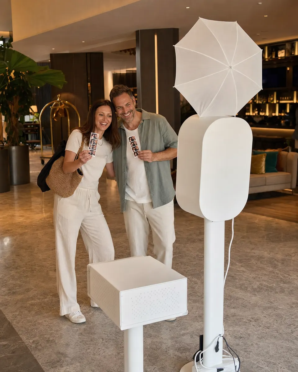 Paar pildistab end hotelli fuajees iseteeninduse fotoboksiga